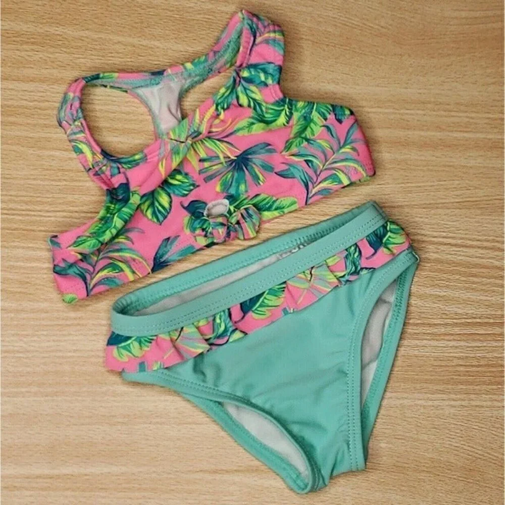 Wonder Nation Toddler Girl's Green Pink Tropical Bikini 18 Months